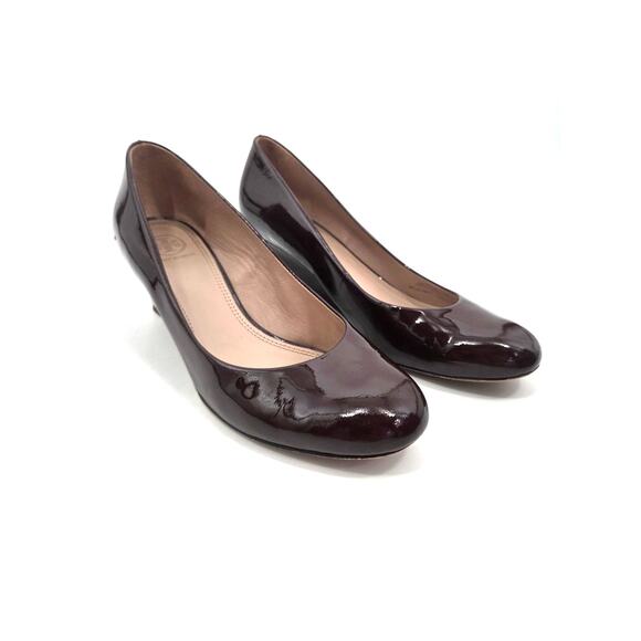 Tory Burch Pumps Womens Slip On Astoria Mid Wedge Patent Leather Burgundy 9 M - Picture 1 of 10